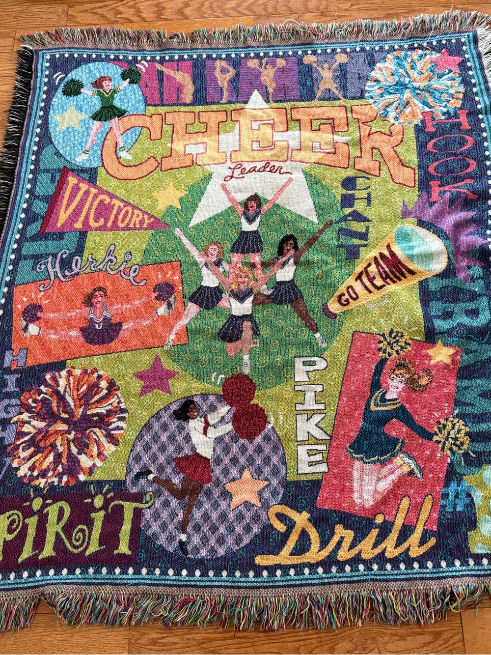Vintage 90s American Cheerleader Spirit Colorful Woven Tapestry Throw - 44” X 55